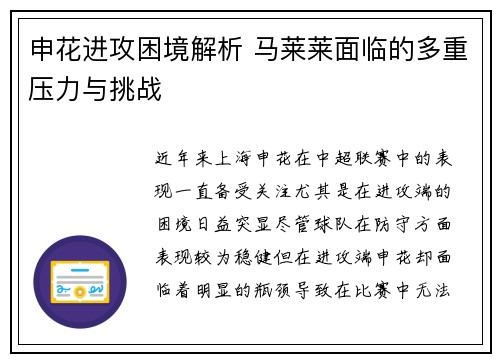 申花进攻困境解析 马莱莱面临的多重压力与挑战