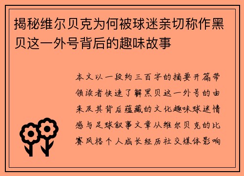揭秘维尔贝克为何被球迷亲切称作黑贝这一外号背后的趣味故事 揭秘维尔贝克为何被球迷亲切称作黑贝这一外号背后的趣味故事