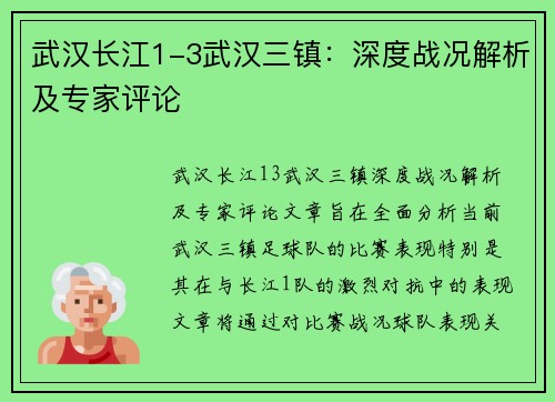 武汉长江1-3武汉三镇：深度战况解析及专家评论